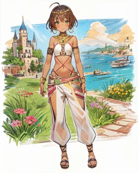best quality, (masterpiece:1.2), illustration, absurdres, <lora:ColorPencil:0.8>, <lora:sketch v2:0.3>, sketch, drawing, colorpencil,
(1girl), (solo), (beautiful detailed girl), full body,
<lora:ShahinaDancer-000012:1>, Shahina, green eyes, brown hair, short hair, ahoge, dark skin, flat chest, small breasts, young,
golden tiara, jewelry,hoop earrings, arabian dancer outfit, white harem pants, sandals,
gentle smile, shy, looking at viewer,
garden, distant sea, distant ocean, mediterranean buildings, white buildings, castle on top of hill