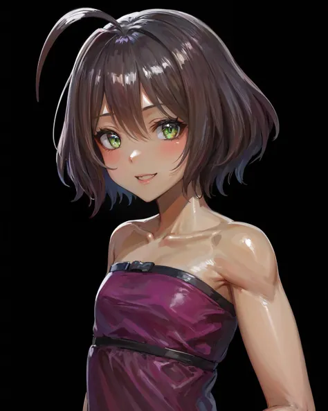 best quality, (masterpiece:1.2), illustration, absurdres, <lora:deluster2:-1>, <lora:hairdetailer:0.5>, <lora:boldline:-1>, <lora:flat2:0.7>, particles, sparkles,
(1girl), (solo), (beautiful detailed girl), (upper body, portrait),
<lora:ShahinaCasual-000008:0.9>, Shahina, green eyes, brown hair, short hair, ahoge, dark skin, flat chest, small breasts, young,
red blouse, grey capri pants, pink shoes,
looking at viewer, smile, happy,
(((simple background))), ((black background))