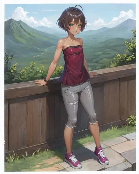 best quality, (masterpiece:1.2), illustration, absurdres, <lora:deluster2:-1>, <lora:hairdetailer:0.5>, <lora:boldline:-1>, <lora:flat2:0.7>, particles, sparkles,
(1girl), (solo), (beautiful detailed girl), full body,
<lora:ShahinaCasual-000008:0.9>, Shahina, green eyes, brown hair, short hair, ahoge, dark skin, flat chest, small breasts, young,
red blouse, grey capri pants, pink shoes,
looking at viewer, smile, happy,
on a mountaintop, overlooking, distant valley, distant river, distant forest,