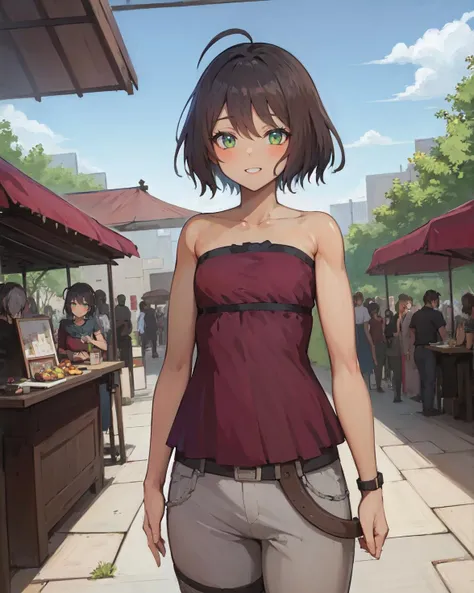 best quality, (masterpiece:1.2), illustration, absurdres, <lora:camonome_e8:0.2>, <lora:WaeroArtist-21:0.4>, <lora:senran_kagura-10:0.3>,<lora:flat2:0.5>
(1girl), (solo), (beautiful detailed girl), cowboy shot,
<lora:ShahinaCasual-000008:0.9>, Shahina, green eyes, brown hair, short hair, ahoge, dark skin, flat chest, small breasts, young,
red blouse, grey capri pants, pink shoes,
looking at viewer, happy,
desert city, middle east, middle eastern terrain, middle eastern architecture, sky, sun, day, cobblestone street, market stalls, bazaar, (crowd:1.2), middle eastern market,