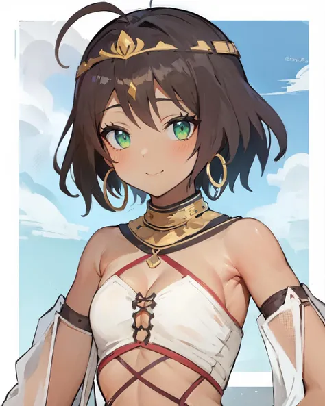 best quality, (masterpiece:1.2), illustration, absurdres,
(1girl), (solo), (beautiful detailed girl),
<lora:ShahinaDancer-06:0.8>, Shahina, green eyes, brown hair, short hair, ahoge, dark skin, flat chest, small breasts, young,
golden tiara, jewelry, arabian dancer outfit, white harem_pants, sandals,
smile, looking at viewer,
(upper body, portrait),, desert, sand dunes, sun, sky,, arms behind back