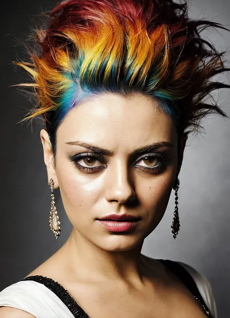 portrait of sks woman by Flora Borsi, style by Flora Borsi, bold, bright colours, rainbow Mohawk haircut, ((Flora Borsi)), <lora:locon_milakunis_v1_from_v1_64_32:1.25>