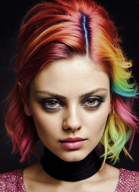 portrait of sks woman by Flora Borsi, style by Flora Borsi, bold, bright colours, rainbow Mohawk haircut, ((Flora Borsi)), <lora:locon_milakunis_v1_from_v1_64_32:1.25>