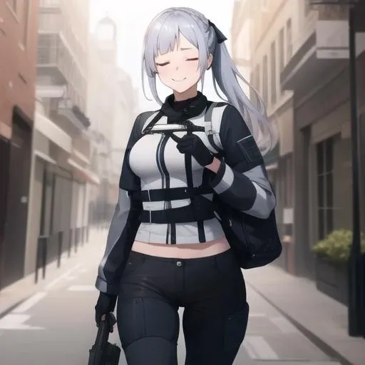 (masterpiece, best quality:1.2),illustration,8k,hd,1girl,solo,cowboy shot,ak-12 (girls' frontline),long hair,closed eyes,grey hair,boots,smile,black pants,black gloves,bangs,braid,french braid,jacket,black footwear,sidelocks,mask,long sleeves,partially fingerless gloves,hair ribbon,black ribbon,bag,medium breasts,<lora:Ak12(gf)>,