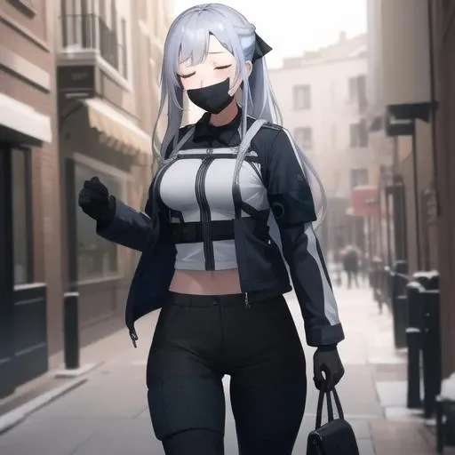 (masterpiece, best quality:1.2),illustration,8k,hd,1girl,solo,cowboy shot,ak-12 (girls' frontline),long hair,closed eyes,grey hair,boots,smile,black pants,black gloves,bangs,braid,french braid,jacket,black footwear,sidelocks,mask,long sleeves,partially fingerless gloves,hair ribbon,black ribbon,bag,medium breasts,<lora:Ak12(gf)>,