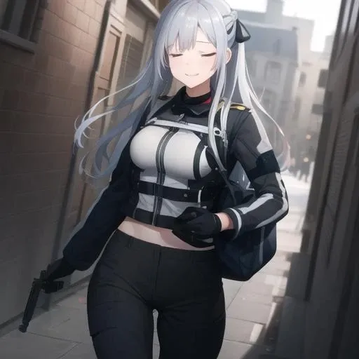 (masterpiece, best quality:1.2),illustration,8k,hd,1girl,solo,cowboy shot,ak-12 (girls' frontline),long hair,closed eyes,grey hair,boots,smile,black pants,black gloves,bangs,braid,french braid,jacket,black footwear,sidelocks,mask,long sleeves,partially fingerless gloves,hair ribbon,black ribbon,bag,medium breasts,<lora:Ak12(gf)>,