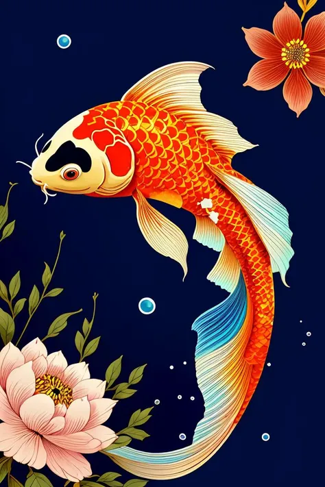 HEZI, Ukiyo-e illustration, national style illustration, rich picture, no humans, fish, animal focus, pokemon \(creature\), blue background, water, waves, simple background, goldfish, animal, orange eyes, black background, underwater, flower, full body, bubble, from side, swimming, artist name, solo, air bubble, koi, watermark, closed mouth, looking at viewer, blue flower, colorful, colored sclera, kikumon, yellow eyes, <lora:çå­ç³»åââæµ®ä¸ç»æç»:0.6>, <lora:ãæ¥èloraãå¤å¤é¦é²¤ æ°å¹´æµ·æ¥_v1.0:0.6>