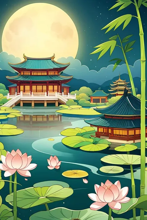 HEZI, Ukiyo-e illustration, national style illustration, rich picture, lotus, flower, waves, east asian architecture, no humans, water, architecture, watercraft, lily pad, building, scenery, pink flower, boat, moon, cloud, egasumi, sun, sky, outdoors, mountain, bridge, pagoda, solo, surreal, ship, smoke, crescent moon, night, tree, train, star \(sky\), full moon, fish, ground vehicle, abstract, 1girl, ocean, colorful, night sky, bamboo, leaf, wide shot, ripples, <lora:çå­ç³»åââæµ®ä¸ç»æç»:0.6>