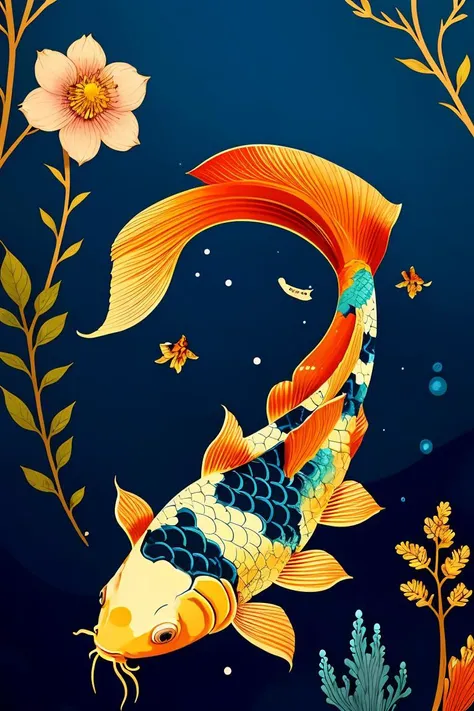 HEZI, Ukiyo-e illustration, national style illustration, rich picture, no humans, fish, animal focus, pokemon \(creature\), blue background, water, waves, simple background, goldfish, animal, orange eyes, black background, underwater, flower, full body, bubble, from side, swimming, artist name, solo, air bubble, koi, watermark, closed mouth, looking at viewer, blue flower, colorful, colored sclera, kikumon, yellow eyes, <lora:çå­ç³»åââæµ®ä¸ç»æç»:0.6>, <lora:ãæ¥èloraãå¤å¤é¦é²¤ æ°å¹´æµ·æ¥_v1.0:0.6>