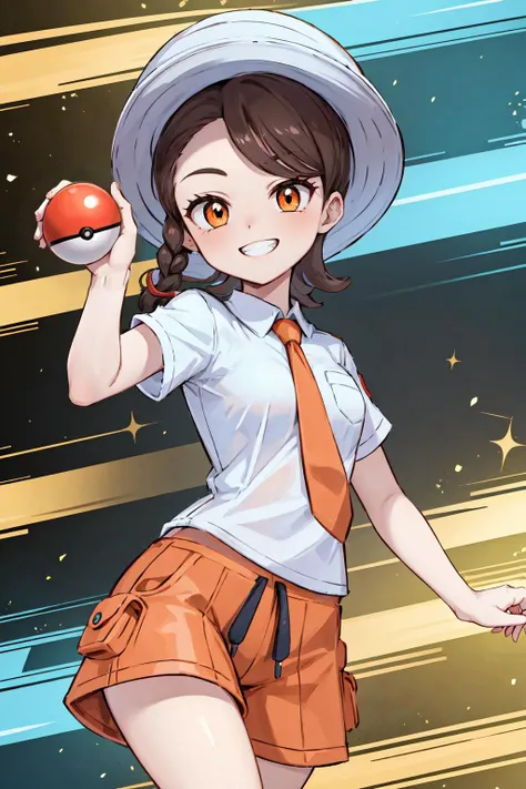 masterpiece,best quality,1girl,juliana \(pokemon\),single braid,brown hair,orange eyes,orange shorts,orange necktie,white shirt,blue hat,grin,holding poke ball,dynamic pose,multicolored background,dutch angle,<lora:JulianaV2Lora:0.7>,
