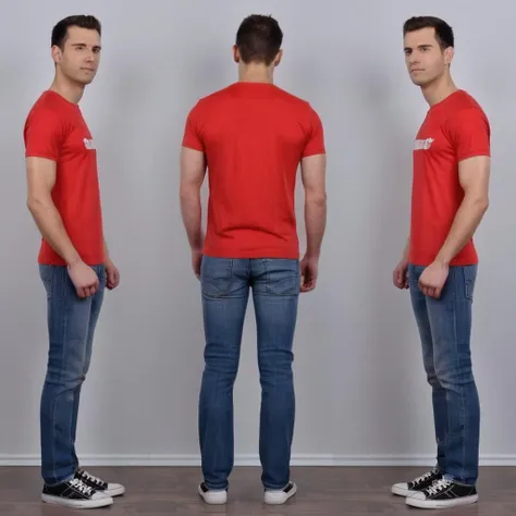 (sixviews:1.1), a man standing, wearing a red tshirt and jeans, <lora:sixviews_sdxl_v4:.8>