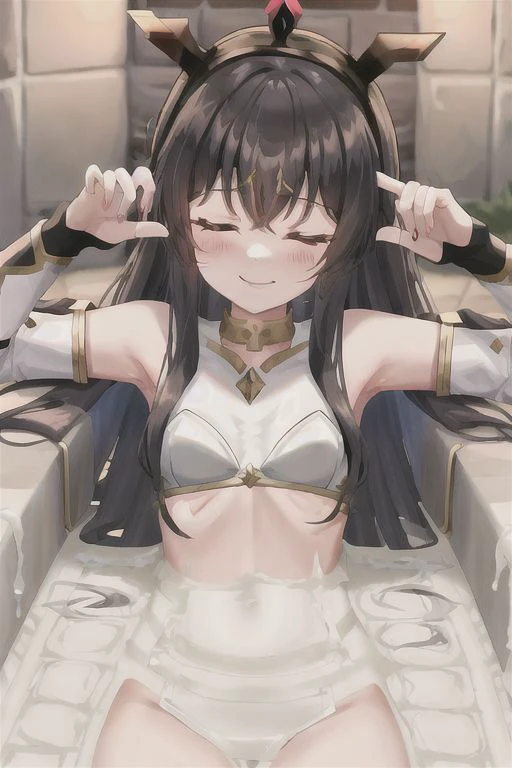 Medival bathroom, stone walls (Ishtar from Fate), (closed eyes), black long hair, hair bow), arms behind back, relaxed, smile, nude, pointy crown, ((white bra)) with gold plates, one black long sleeve, (fingerless gloves), lying in stone bathtub, cum bathing, ((submerged in cumbath)), covered in cum,