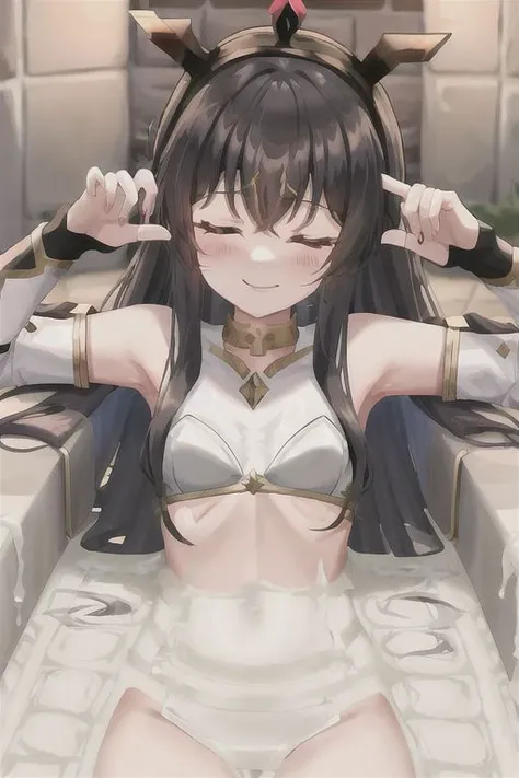 Medival bathroom, stone walls (Ishtar from Fate), (closed eyes), black long hair, hair bow), arms behind back, relaxed, smile, nude, pointy crown, ((white bra)) with gold plates,  one black long sleeve, (fingerless gloves),   lying in stone bathtub, cum bathing, ((submerged in cumbath)),  covered in cum,