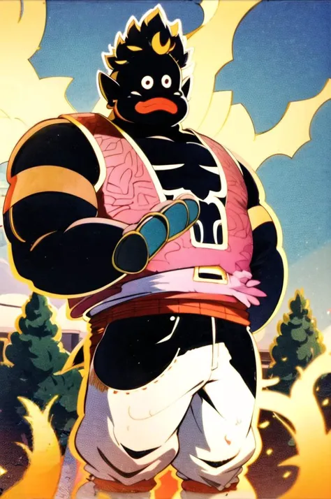 <lora:dead_iside:1.0>, dead_inside, glowing, (vectarart:1.3), , <lora:mrpopo_v0_2:1>, mrpopo, dragon_ball, flat color, solo, masterpiece, best quality, 8k, detailed face, good eyes, yellow_aura, ki, energy, energy ball, cowboy shot, standing, terrable horror, neon, luminous hearts, angry man, 1guy, male, black sclera, red pupil, pink skin, angry, standing, arms down, no shirt, white pants, harem pants, belt, abs, clear face, detailed eyes,villain, high definition,official art, serious expression, monster, creature,