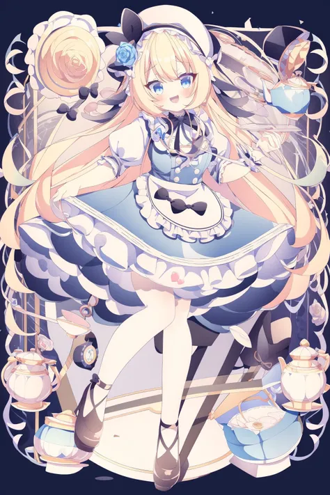 masterpiece, best quality,white background,1girl, blonde hair, alice (alice in wonderland), blue eyes, food, flower, teacup, long hair, dress, cup, apron, playing card, smile, card, watch, rose, asymmetrical legwear, puffy sleeves, short sleeves, puffy short sleeves, key, heart, white apron, hair ornament, mismatched legwear, cookie, pocket watch, open mouth, shoes, frills, rabbit, blue dress, bow, pantyhose, solo, teapot, white flower, spade (shape), hairband, two side up, looking at viewer, holding, club (shape), :d, bangs, ribbon, blush, diamond (shape), white rose, frilled apron, virtual youtuber, frilled dress, oversized object, black footwear, white background, hat, hair ribbon, argyle, full body, tea, black bow, blue bow, hair bow