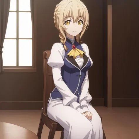 ((masterpiece)),((highres)),((best quality)),((highly detailed)),((extremely detailed CG unity 8k wallpaper)),illustration,guild girl,medium breasts,facing viewer,smile,sitting,full body,solo,solo focus,arms at sides,on chair,table