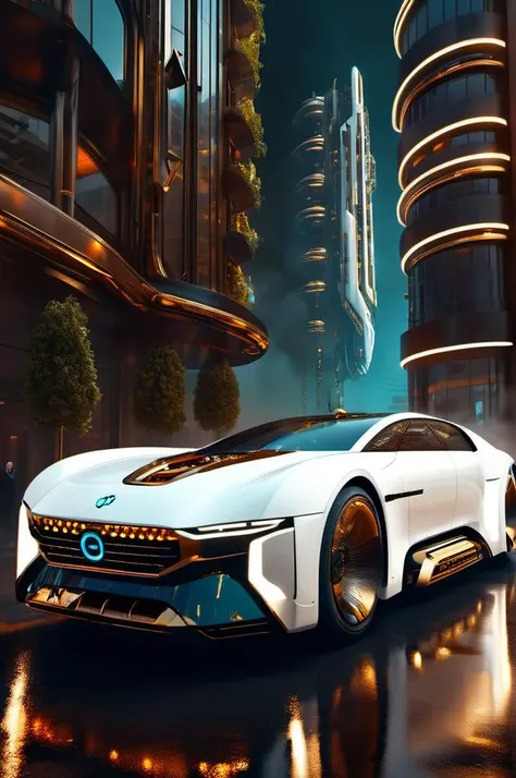 , <lora:DonMCyb3rN3cr0XL:0.8> DonMCyb3rN3cr0XL , techno-witch, cyborg, occultist, white and brass science fiction hovering industrial luxury car by a downtown hotel, science fiction, cinematic lighting, night time, volumetric light, imax, dslr, highly detailed, volumetric fog, dystopian vibes, dutch angle, cinematic angle