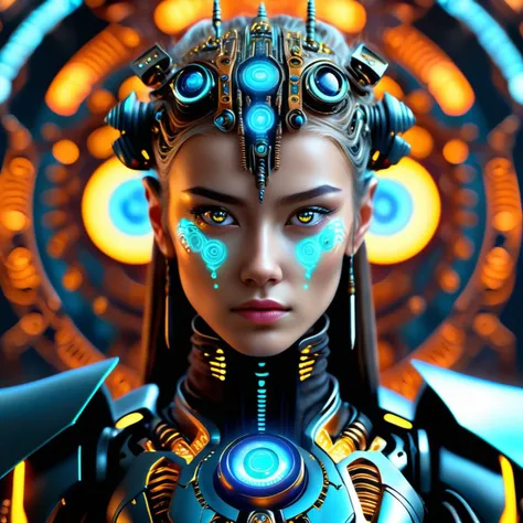 ((best quality)), ((masterpiece)), ((realistic,digital art)), (hyper detailed),DonMCyb3rN3cr0XL cyberoccultism Techno-witch, Glowing cybernetic eye implants, Intricate circuit tattoos, Neon-lit rune symbols, Holographic interface embedded in her palm, Metallic-fiber cloak, Electric-blue hair, Glimmering metallic talons, Pulse-modulating cyberstaff , Cosmic entities- Vast, awe-inspiring beings emanating cosmic energies and engulfed in nebula-like halos., Fifty-something, Solid, Scandinavian, Dark brown eyes, , Black Fringe haircut hair, Guilt, Striking a pose with perfect mechanical alignment and posture., , octane rendering, raytracing, volumetric lighting, Backlit,Rim Lighting, 8K, HDR, <lora:DonMCyb3rN3cr0XL-000014:0.65>