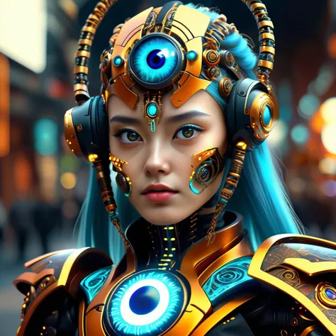 ((best quality)), ((masterpiece)), ((realistic,digital art)), (hyper detailed),DonMCyb3rN3cr0XL cyberoccultism Techno-witch, Glowing cybernetic eye implants, Intricate circuit tattoos, Neon-lit rune symbols, Holographic interface embedded in her palm, Metallic-fiber cloak, Electric-blue hair, Glimmering metallic talons, Pulse-modulating cyberstaff , , Youth, Elegant, Gypsies, Dark brown eyes, Lobed Ears, Unique Nose, Cleft Chin, U-Shaped Jaw, Curved Forehead, Pear face shape, , Auburn Side-swept bangs hair, Frown, Striking a pose after emerging from a time machine., , octane rendering, raytracing, volumetric lighting, Backlit,Rim Lighting, 8K, HDR, <lora:DonMCyb3rN3cr0XL-000014:0.65>