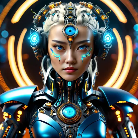 ((best quality)), ((masterpiece)), ((realistic,digital art)), (hyper detailed),DonMCyb3rN3cr0XL cyberoccultism Techno-witch, Glowing cybernetic eye implants, Intricate circuit tattoos, Neon-lit rune symbols, Holographic interface embedded in her palm, Metallic-fiber cloak, Electric-blue hair, Glimmering metallic talons, Pulse-modulating cyberstaff , Fifty-something, Stacked, East Asian, Amber eyes,    Overbite Jaw,   Pear face shape,  Romantic date night makeup , Silver Blonde Undercut hair, Rage, octane rendering, raytracing, volumetric lighting, Backlit,Rim Lighting, 8K, HDR, <lora:DonMCyb3rN3cr0XL-000014:0.65>