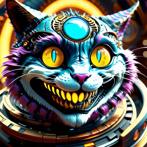 ((best quality)), ((masterpiece)), ((realistic,digital art)), (hyper detailed), DonMCyb3rN3cr0XL cheshire cat, octane rendering, raytracing, volumetric lighting, Backlit,Rim Lighting, 8K, HDR, <lora:DonMCyb3rN3cr0XL-000014:0.7>