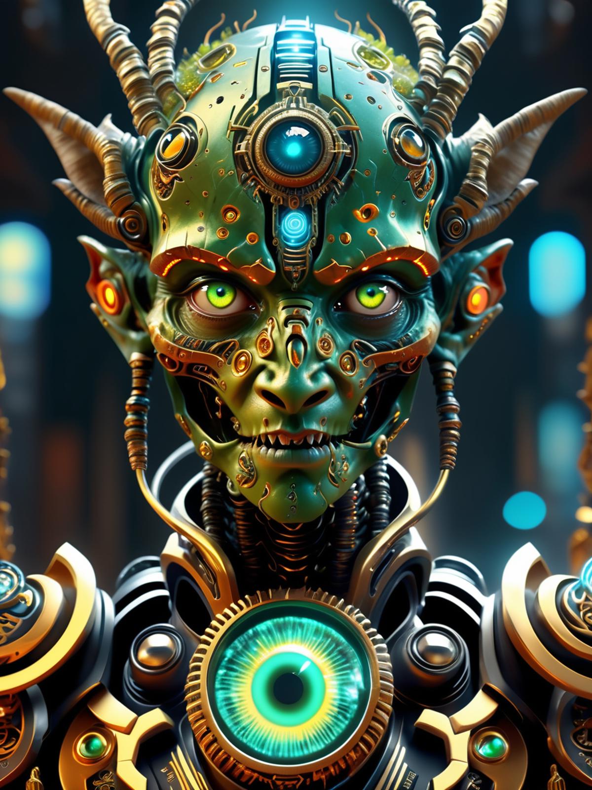 A close up of a robot with a green eye and horns - SeaArt AI