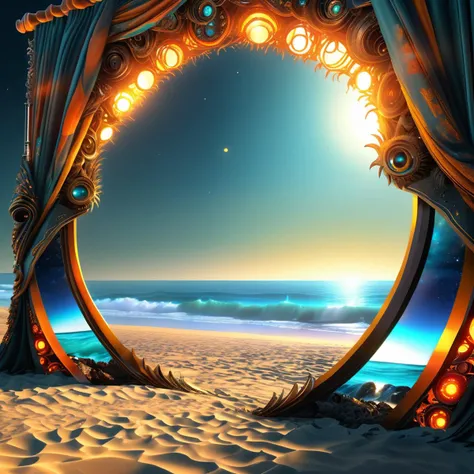 ((best quality)), ((masterpiece)), ((realistic,digital art)), (hyper detailed), DonMCyb3rN3cr0XL Beach Curtain,Peak,Celestial Bodies,Undertow, octane rendering, raytracing, volumetric lighting, Backlit,Rim Lighting, 8K, HDR, <lora:DonMCyb3rN3cr0XL-000014:0.7>