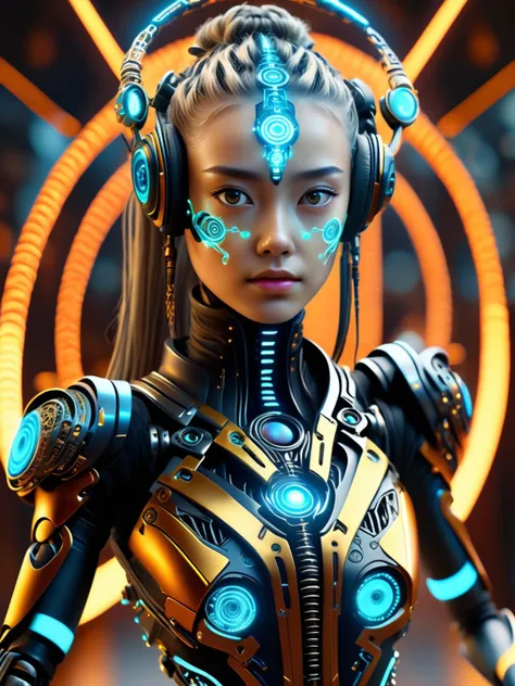((best quality)), ((masterpiece)), ((realistic,digital art)), (hyper detailed),(fullbody shot:1.3), DonMCyb3rN3cr0XL cyberoccultism Techno-witch, Glowing cybernetic eye implants, Intricate circuit tattoos, Neon-lit rune symbols, Holographic interface embedded in her palm, Metallic-fiber cloak, Electric-blue hair, Glimmering metallic talons, Pulse-modulating cyberstaff , Cyberspace avatars- Digital personas manifested as radiant, virtual beings of light., Youth, Petite, Native Hawaiian, Dark brown eyes, Upswept Ears, Deviated Septum Nose, U-Shaped Chin, , Black Messy bun hair, Fear, Lying or sitting while experiencing virtual reality or neural interfaces., , octane rendering, raytracing, volumetric lighting, Backlit,Rim Lighting, 8K, HDR, <lora:DonMCyb3rN3cr0XL-000014:0.65>