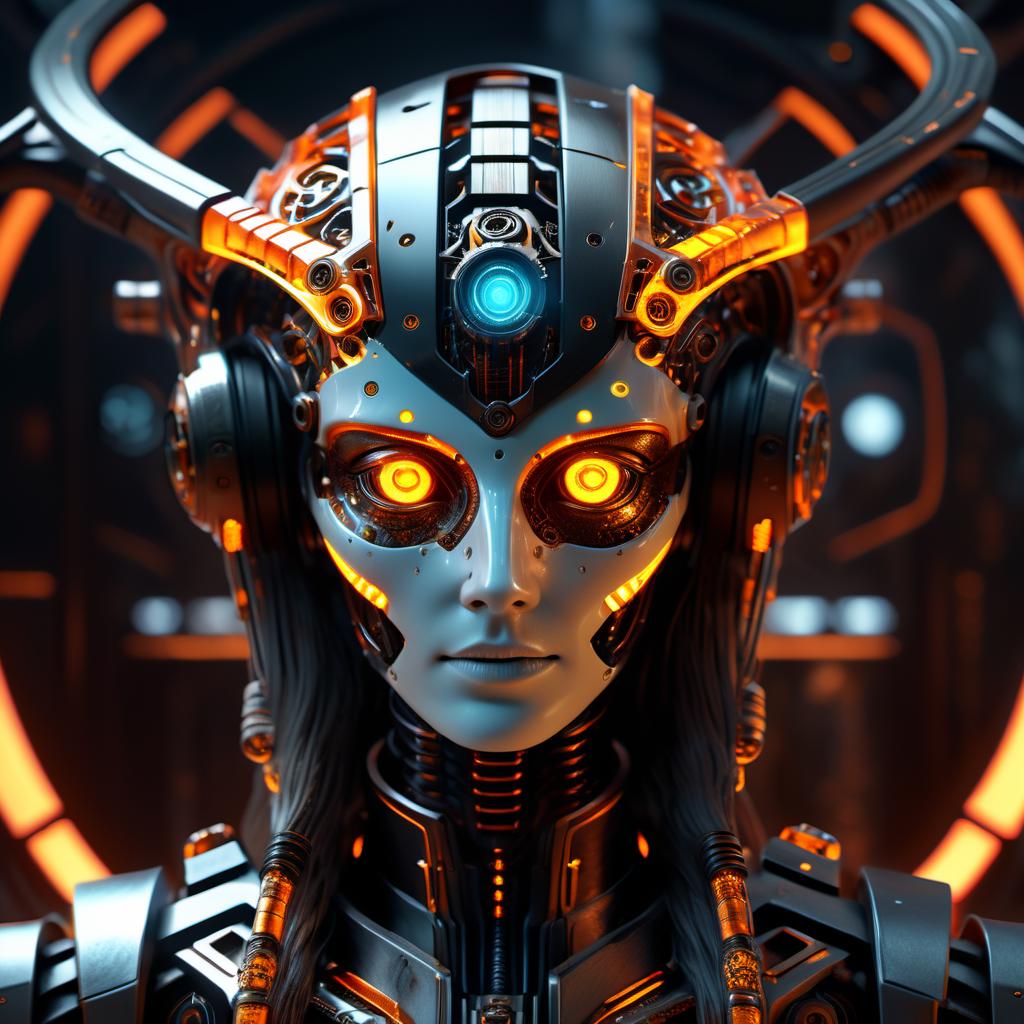 A close up of a robot with headphones on and glowing eyes - SeaArt AI