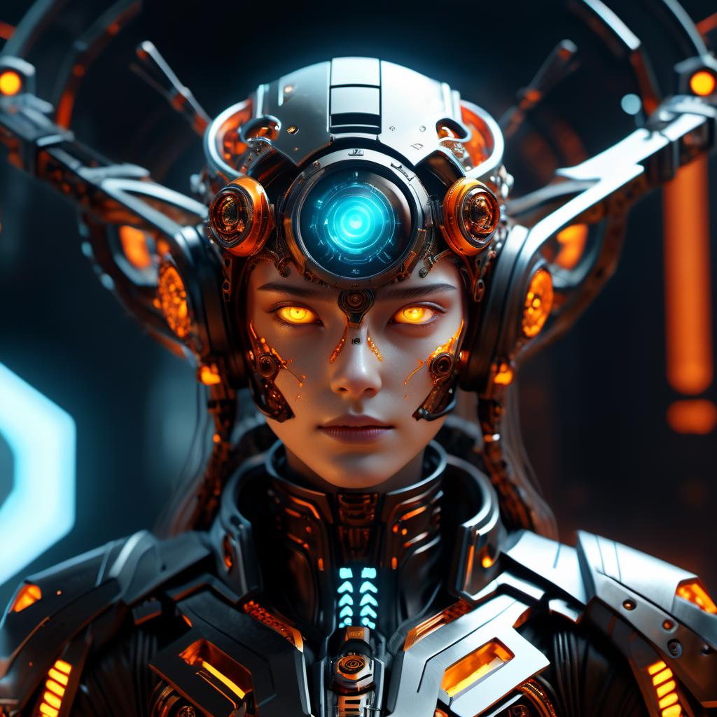A woman in a futuristic suit with glowing eyes and a futuristic helmet ...