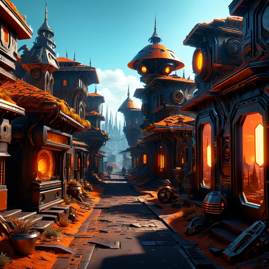 ((best quality)), ((masterpiece)), ((realistic,digital art)), (hyper detailed), DonMCyb3rN3cr0XL Village, octane rendering, raytracing, volumetric lighting, Backlit,Rim Lighting, 8K, HDR, <lora:DonMCyb3rN3cr0XL-000009:0.9>