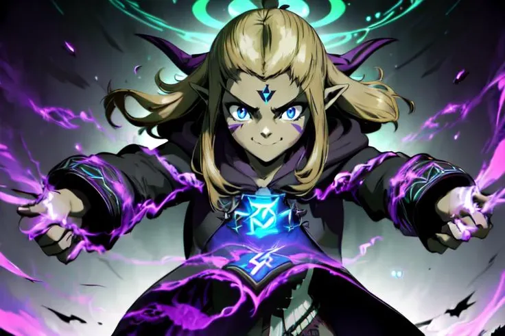 ,a woman , casting magic, dynamic fighting pose,, beautiful eyes, beautiful girl, high detail skin, high detail eyes, high detail hair, highres, ultra detailed, sharpen picture, Highly detailed, masterpiece, best quality, photorealistic, <lora:JessicaAlkirk001:0.8> 1girl, solo, jabackground, background, blonde hair, smile, long hair, pointy ears, blue eyes, facial mark, retro artstyle, long sleeves, hood, robe, princess zelda, dress, <lora:DonMD34thM4g1c4tt1r3:1> female, donmd34thm4g1c4tt1r3 attire