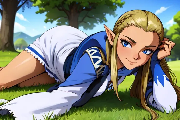 from top,a woman ,laying in the grass in a park, beautiful eyes, beautiful girl, high detail skin, high detail eyes, high detail hair, highres, ultra detailed, sharpen picture, Highly detailed, masterpiece, best quality, photorealistic, <lora:JessicaAlkirk001:0.8> 1girl, solo, jabackground, background, blonde hair, smile, long hair, pointy ears, blue eyes, facial mark, retro artstyle, long sleeves, hood, robe, princess zelda, dress