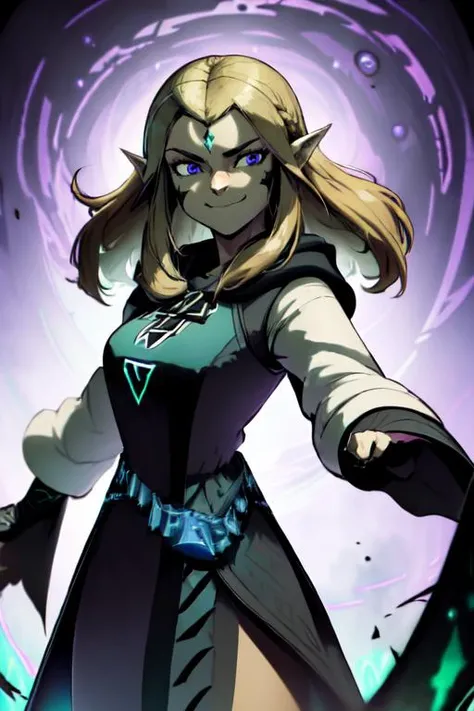 ,a woman , casting magic, dynamic fighting pose,, beautiful eyes, beautiful girl, high detail skin, high detail eyes, high detail hair, highres, ultra detailed, sharpen picture, Highly detailed, masterpiece, best quality, photorealistic, <lora:JessicaAlkirk001:0.8> 1girl, solo, jabackground, background, blonde hair, smile, long hair, pointy ears, blue eyes, facial mark, retro artstyle, long sleeves, hood, robe, princess zelda, dress,  <lora:DonMD34thM4g1c4tt1r3:1> female, donmd34thm4g1c4tt1r3 attire