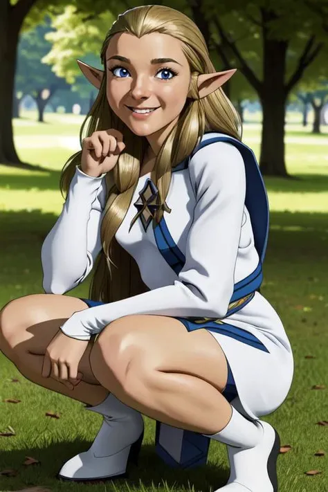 a woman ,squatting in a park, beautiful eyes, beautiful girl, high detail skin, high detail eyes, high detail hair, highres, ultra detailed, sharpen picture, Highly detailed, masterpiece, best quality, photorealistic, <lora:JessicaAlkirk001:0.8> 1girl, solo, jabackground, background, blonde hair, smile, long hair, pointy ears, blue eyes, facial mark, retro artstyle, long sleeves, hood, robe, princess zelda, dress