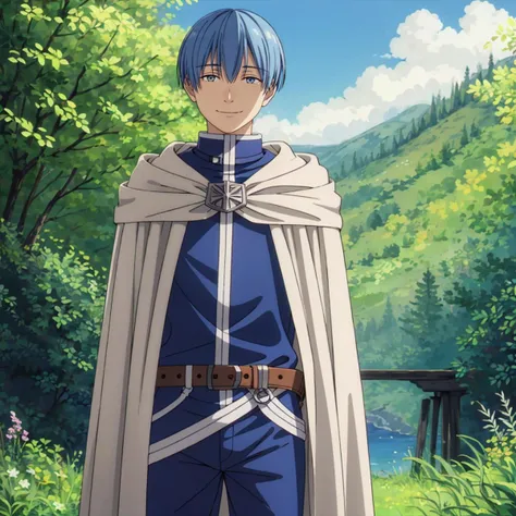 <lora:Himmel002:0.7>,<lora:add_detail:0.5>,
solo,smile,
Himmel,1man,
cape,jacket,belt,pants,
nature,morning sun,