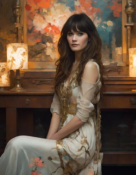 portrait of (ohwx woman) <lora:zooey_lora_sdxl_v1-000008:1> by jeremy mann and alphonse mucha. highly detailed 8k photo realistic portrait photography of an alien in the style ayami kojima with background scenery made from fractals facing each other looking at camera wearing haute couture dress designed to gaze for christmas lights photorealism cinematic lighting dramatic atmosphere octane render unreal engine 5 quality digital painting bioluminance hd artstation trending on dev