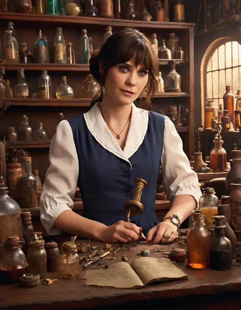 (ohwx woman)  <lora:zooey_lora_sdxl_v1-000008:1>  working in An alchemist's laboratory, cluttered workbench, bookshelves, tinkering supplies, potions, bottles, beautiful uhd fantasy art, masterpiece matte painting, perfect composition, soft lighting, extremely detailed