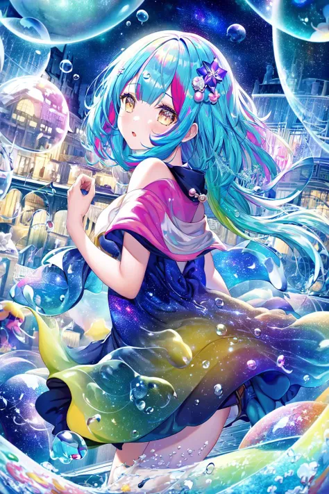 (masterpiece), (best quality), (ultra-detailed), (illustration), 1girl, mixed-blood girl, , stars in the eyes, messy floating hair, colored inner hair, Starry sky adorns hair, (lots of big colorful Bubble), (pearl), (Galaxy), depth of field
