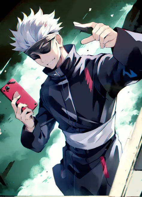 (masterpiece, best quality):1.2 <lora:Gojo:1> 1boy, gojou satoru, white hair, short hair, blindfold, black jacket, high collar, upper body, solo, looking at viewer, smile, grin, wide smile, cartoon, selfie, taking selfie