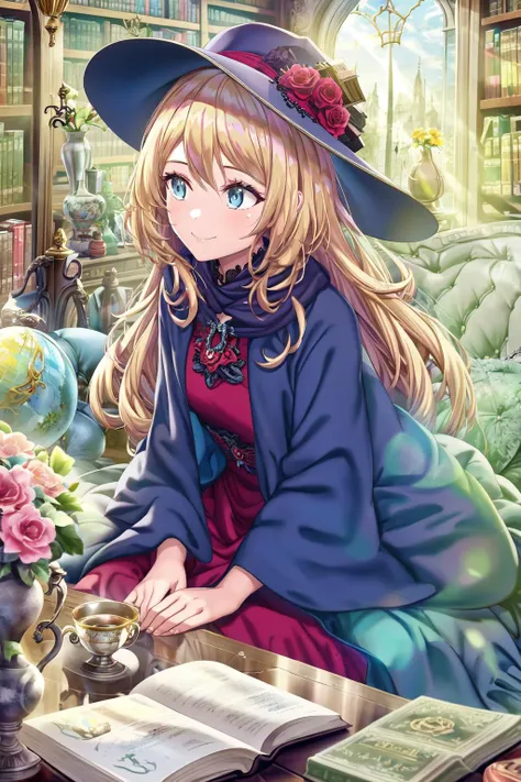 masterpiece, best quality, ultra detailed,1girl,blonde hair, skyblue eyes, layered red maxi dress, Ball Gown, gothic hat, sitting, reading book,indoors, library, books, flower, glass vase, teacup, relaxed, light smile, looking away, sunlight, sun,(ray tracing),(ray tracing, reflection light),