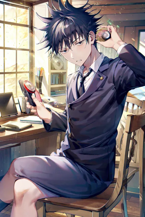 (masterpiece, best quality, absurdres, highres, high resolution):1.2  <lora:jjk_fushiguro:1> 1boy, solo, fushiguro megumi, spiked hair, school uniform, gakuran, black jacket, frown, indoors, window, school, sitting, desk, feet out of frame, holding, phone