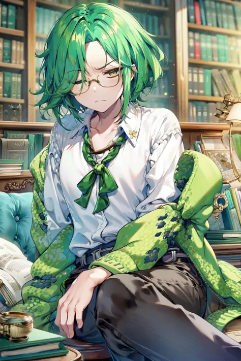 (masterpiece, best quality, absurdres, highres, high resolution, GS-Boyish):1.2  <lora:Zoro:1> 1boy, solo, timeskip zoro, green hair, brown eyes, short hair, scar over one eye, one eye closed, white blouse, brown pants, round glasses, sitting, desk, library, holding, book, bookshelves, indoors, frown