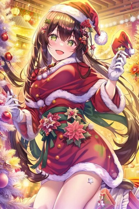 high detail,{{{best quality}}},beautiful lighting,(1girl),{{illustration}},best quality,masterpiece,japanese clothes,best quality,masterpiece,1boy, bell, blush, christmas, christmas ornaments, christmas tree, flower, food, fur trim, gift, gloves, green eyes, hat, holly, looking at viewer, open mouth, red flower, santa hat, shorts, smile, solo, sparkle, star \(symbol\), white gloves