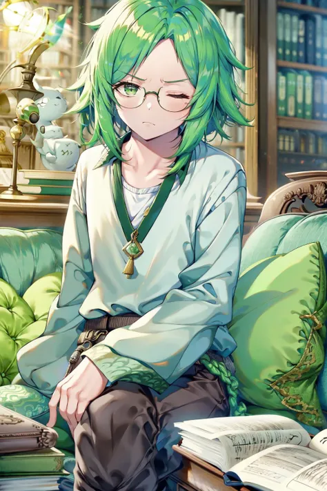 (masterpiece, best quality, absurdres, highres, high resolution, GS-Boyish):1.2  <lora:Zoro:1> 1boy, solo, timeskip zoro, green hair, brown eyes, short hair, scar over one eye, one eye closed, white blouse, brown pants, round glasses, sitting, desk, library, holding, book, bookshelves, indoors, frown