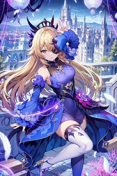 1girl, fischl (genshin impact), blonde hair, official alternate costume, thighhighs, solo, red eyes, tiara, long hair, dress, white thighhighs, eyepatch, purple dress, detached sleeves, looking at viewer, castle, bangs, hair over one eye, feathers, long sleeves, bare shoulders, frills, puffy sleeves, leg up, high heels, single thighhigh, falling feathers, building, ribbon, arm up, one eye covered, bird