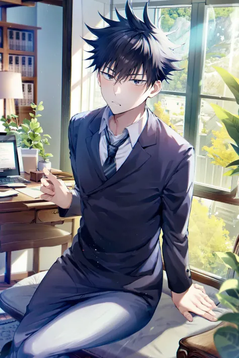 (masterpiece, best quality, absurdres, highres, high resolution):1.2  <lora:jjk_fushiguro:1> 1boy, solo, fushiguro megumi, spiked hair, school uniform, black jacket, frown, indoors, window, school, sitting, desk, feet out of frame, holding, phone