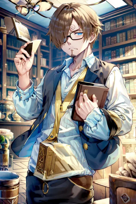 (masterpiece, best quality, absurdres, highres, high resolution, GS-Boyish):1.2  <lora:sanji2:1> 1boy, solo, sanji2, white blouse, brown pants, round glasses, library, holding, book, bookshelves, indoors, yellow hair, blue eyes, frown