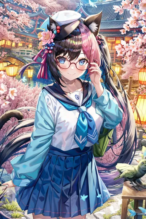 oil painting (medium),1girl, weapon , torii, shide, long hair, lantern, tree, solo, flower, outdoors, scenery, japanese clothes, black hair, wide sleeves, deer, architecture, shimenawa, hair ornament, east asian architecture, standing, long sleeves, animal, rope, hat, bird, stairs, cherry blossoms, holding, kimono, day, hair flower, butterfly, school uniform, solo, long hair, pink hair, cat, glasses, serafuku, cherry blossoms, pleated skirt, long sleeves, looking at viewer, white shirt, shirt, bangs, purple eyes, neckerchief, ribbon, blurry, midriff peek, sailor collar, petals, hair ribbon, branch, smile, closed mouth, blue-framed eyewear, blue skirt, animal, very long hair, holding, blue neckerchief, blush, flower, blurry foreground, hand up, depth of field, blue eyes, blue ribbon