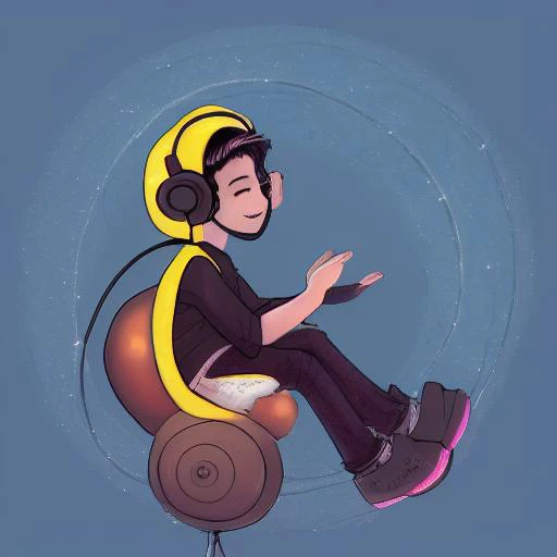 riding, sitting, 1boy, furry, gradient, headphones, bird, smile, sparkle, shell, turnaround